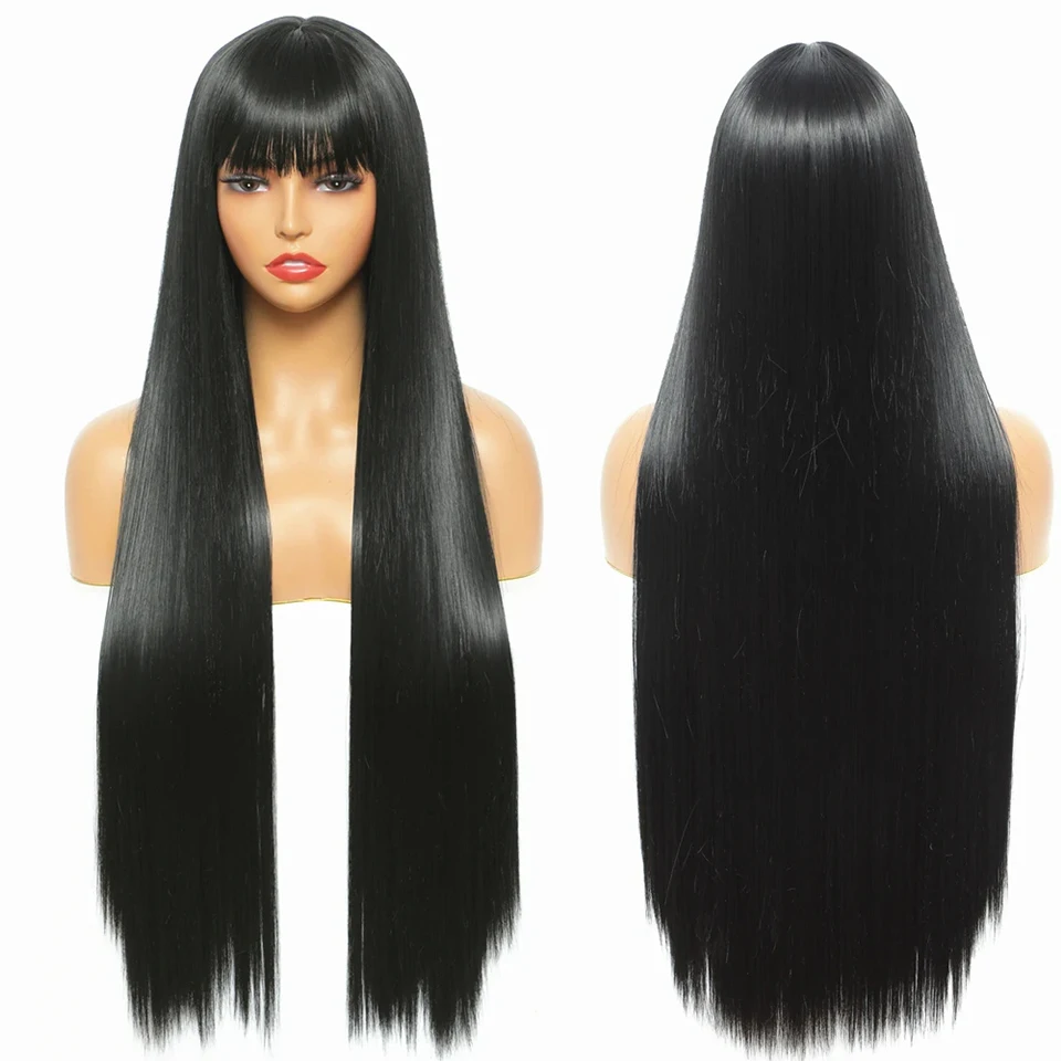 32 Inch Long Straight Wigs with Bangs Synthetic No Lace Wig for Women Heat Resistant Natural Looking Hair Wig for Party Cosplay