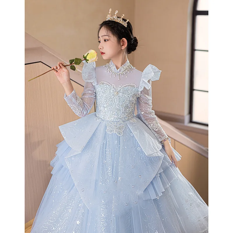 Blue Flower Wedding Little Girl Autumn Long Sleeve High-End Princess Children's Piano Performance Dress