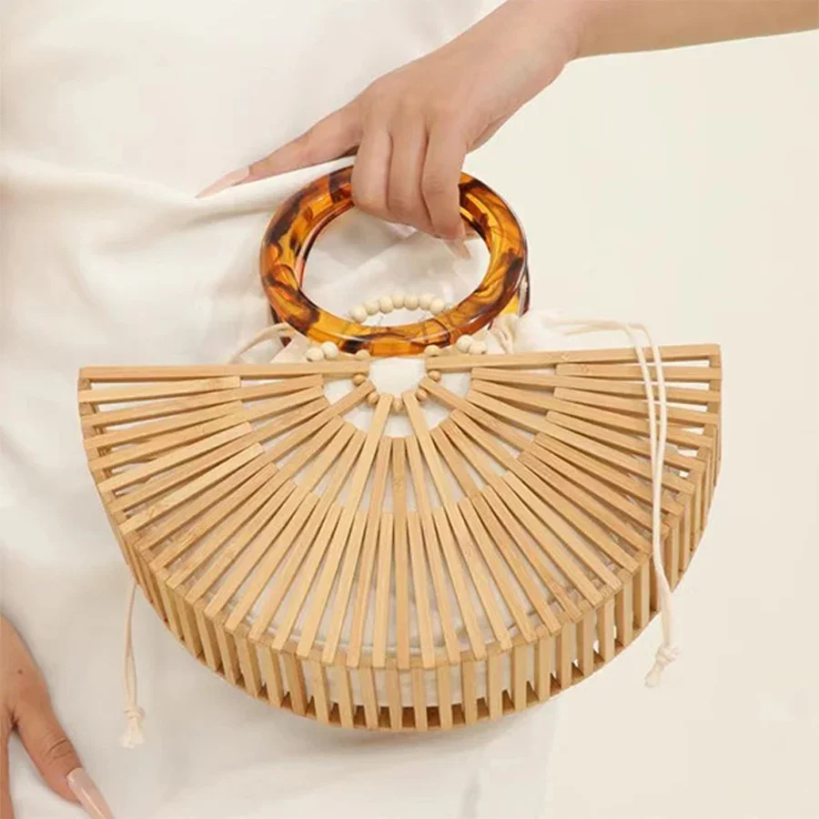 

Vintage Half Round Bamboo Beach Handbags Women 2023 Summer Hollow Out Round Acrylic Handle Woven Straw Bags High Quality Holiday