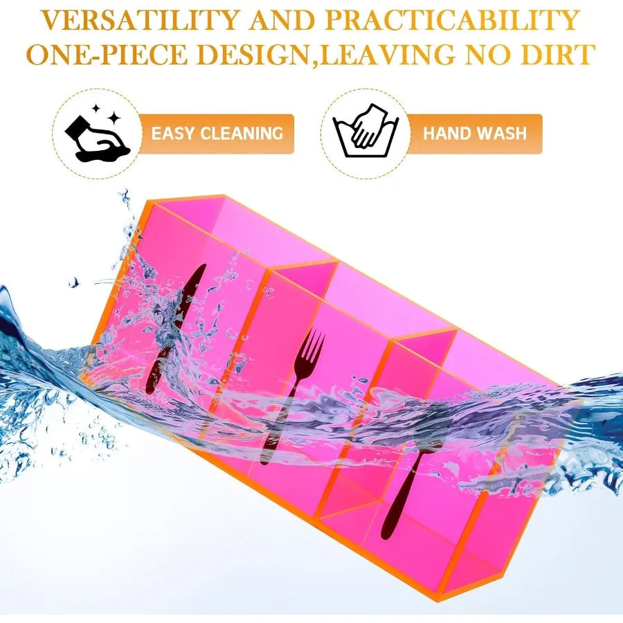 Pink Acrylic Cutlery Storage Organizer Bin with 3 Sections for Countertop or Cabinet Use Silverware Caddy to Hold Knives Spoons