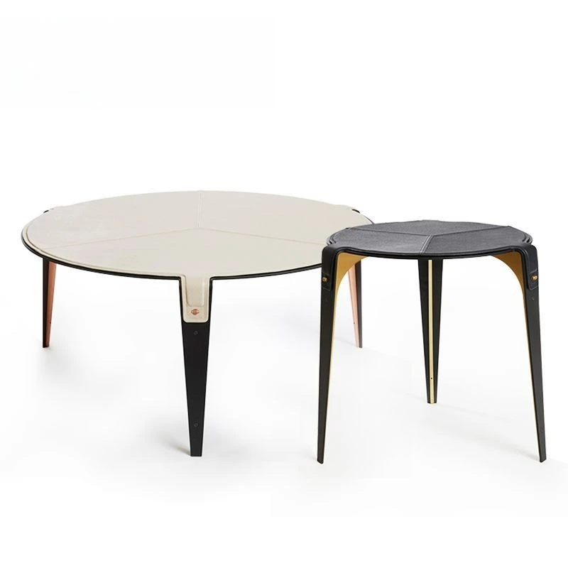Nordic modern simple round bracket coffee table stainless steel saddle leather metal bedroom corner table