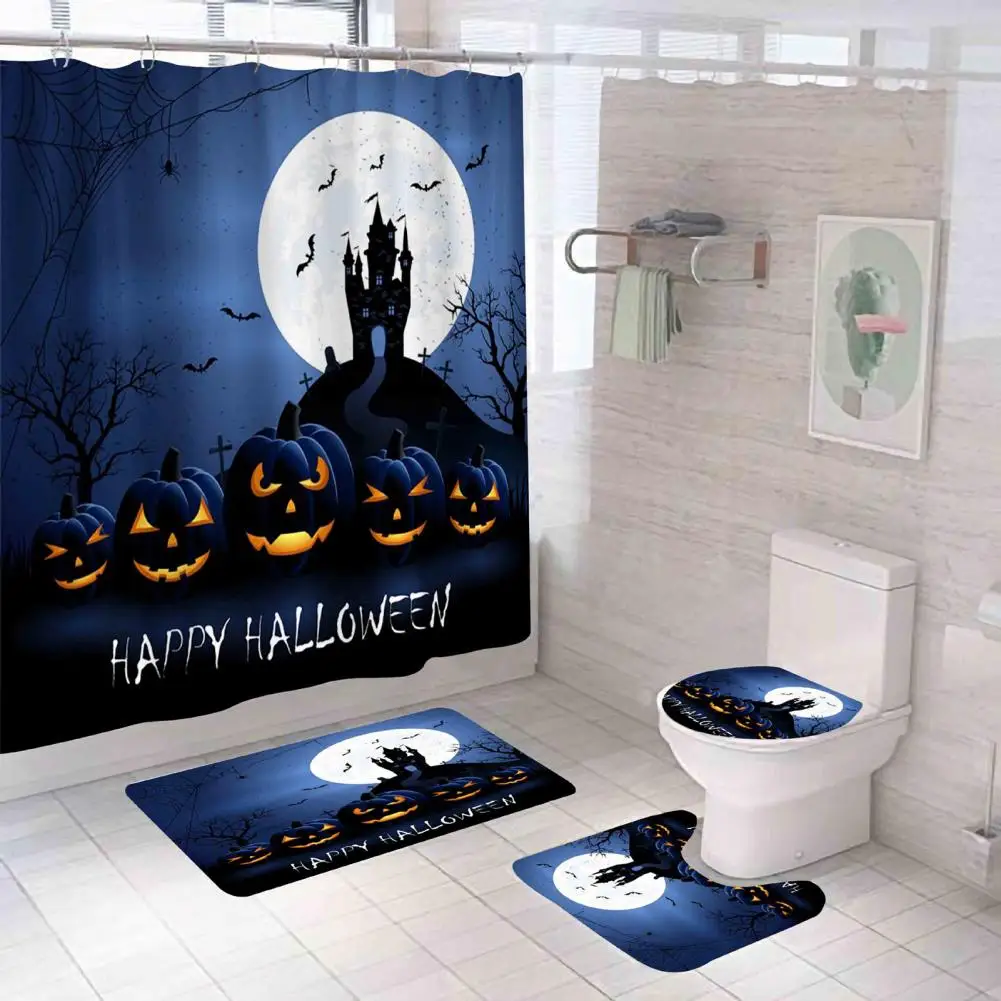 

Bedroom Decoration Hotel Bathroom Accessories Spooky Bathroom Decor Set Halloween Castle Pumpkin Shower Curtain with Non-slip