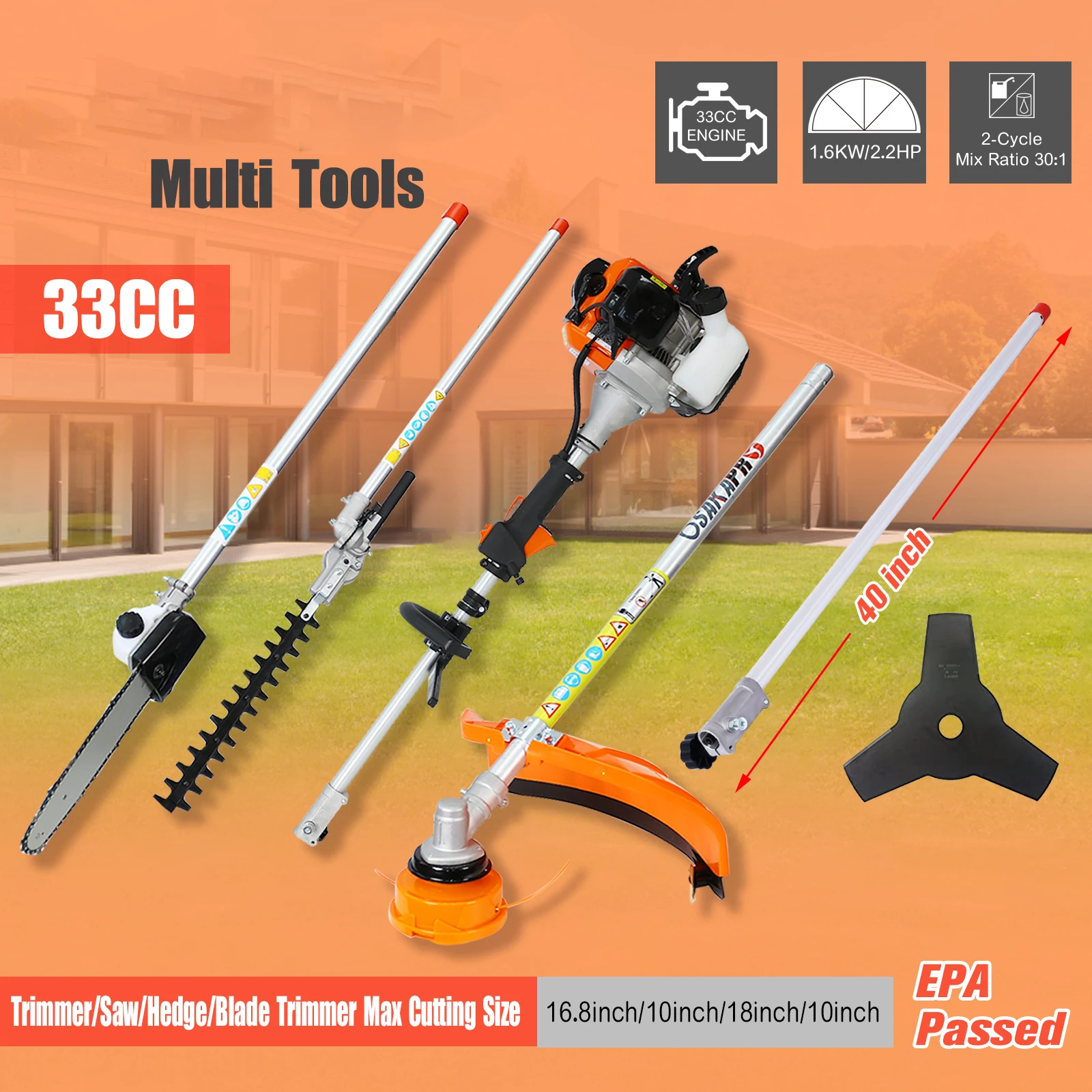 10-Pack Multi-Purpose Garden Pruning Tools, Max Engine Speed: 11,000RPM, with Gas Pole Saw, Hedge Trimmer