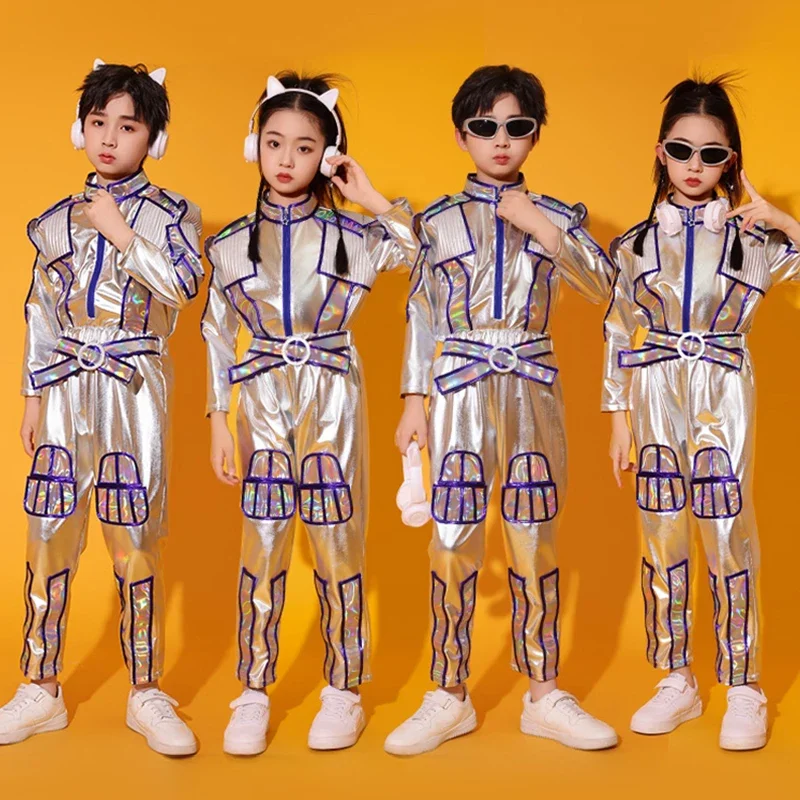 

Kid Jazz Dance Costume Silver Futuristic Technology Performance Outfit Children Runways Show Trendy Suit Street Dancewear