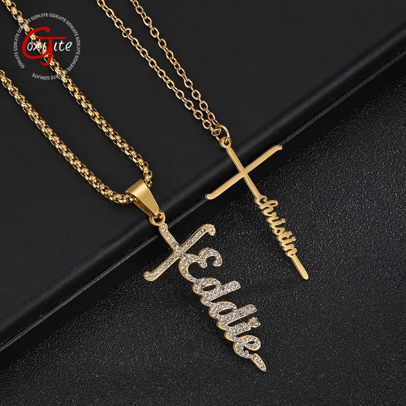 

Goxijite Custom Name Necklace For Women Men Stainless Steel Personalized Full Stone Name Cross Necklaces Girls Jewelry Gift