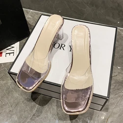 Comemore Crystal Clear Transparent Heel Slippers Female Shoes Middle Heels Comfortable New Summer Women Fashion Mules Slides 42