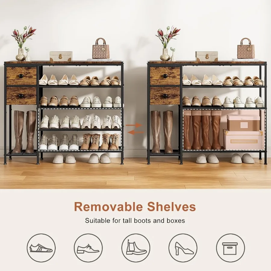 5-уровневая полка для обуви с 2 тканевыми ящиками и металлическим каркасом с дизайном деревянной доски для организации 16–20 пар обуви Идеально подходит