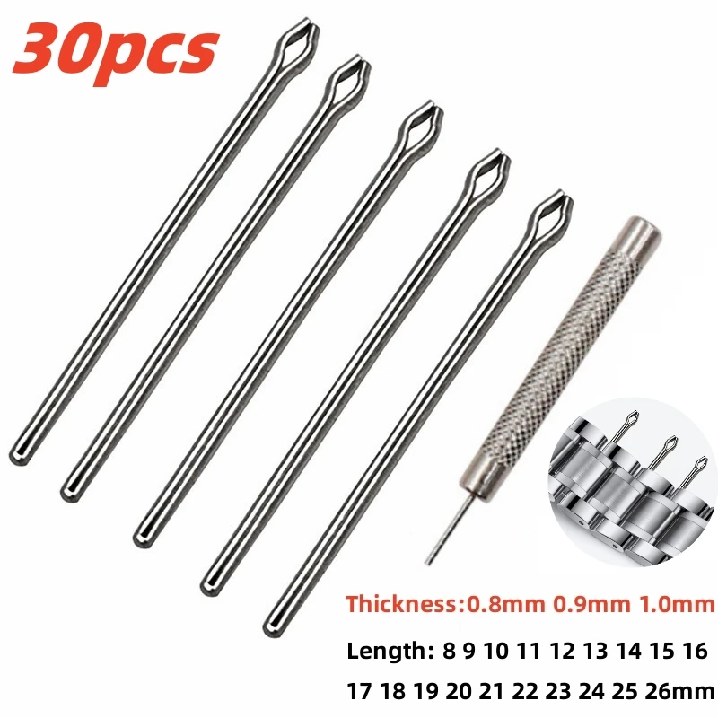 30 stücke Uhren armband Link Pins Armband Connect Bar Uhrmacher Reparatur werkzeug 18mm 20mm 22mm 8-26mm Split Pins 0.8/0.9/1,0mm Dicke