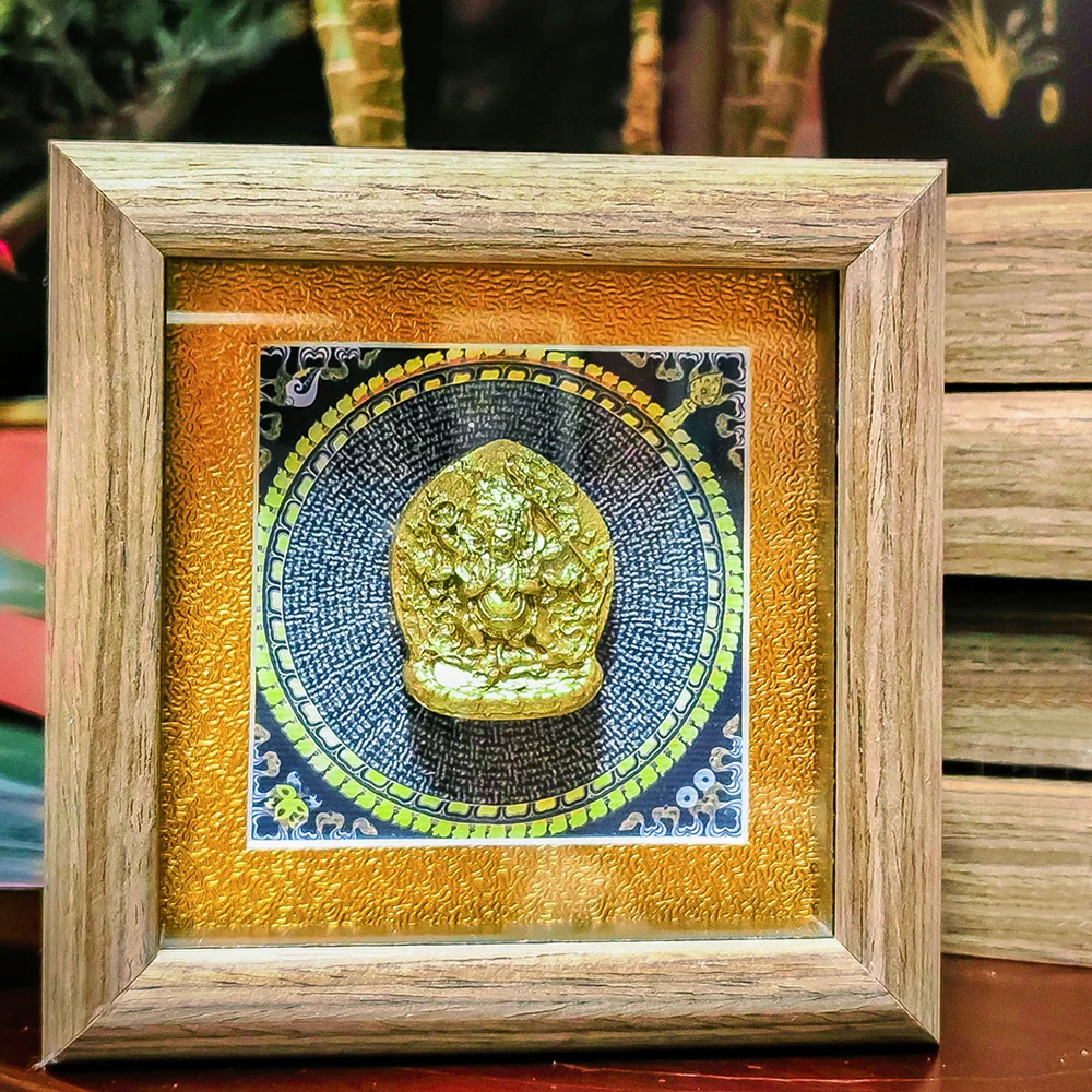 Thangka 3D Tsa‑Tsa Statue Framed Art, Yellow Jambhala, Medicine Buddha Altar Home Table Decor, Patron Buddha Figurine Ornament