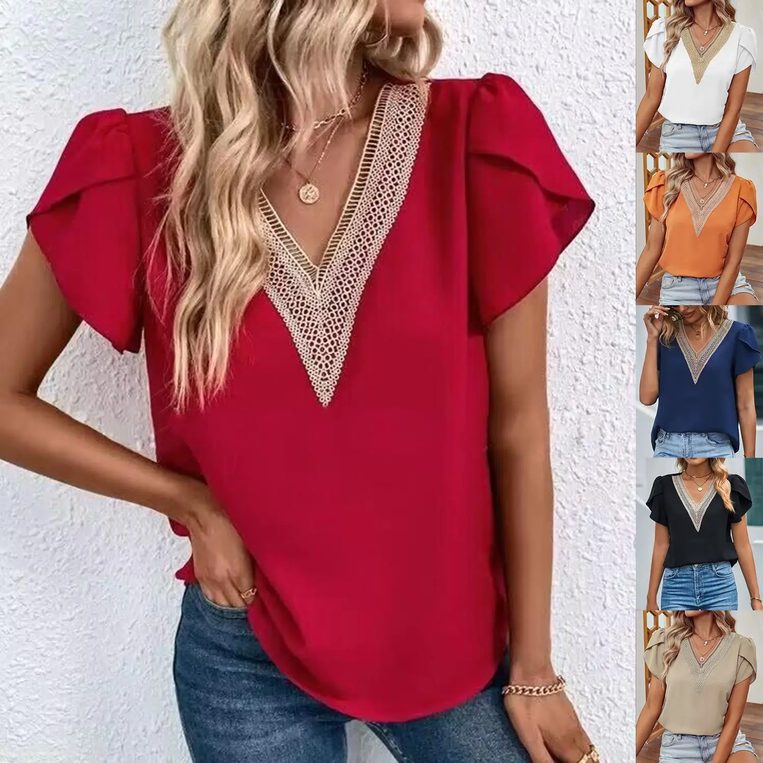 เสื้อผู้หญิงฤดูร้อน 2023 คอวี สีพื้น ลายดอกไม้ ดีไซน์ทันสมัย สวมใส่สบาย ทรงปกติ ชิ้นเดียว