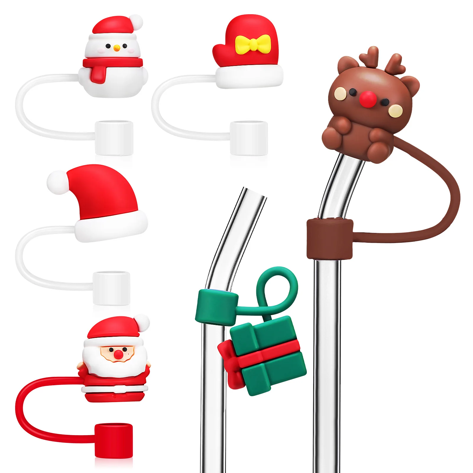 

6 pcs Cute Christmas Silicone Straw Covers Holiday Dust Plug Caps Santa Snowman Hat Toppers for Drinking Straws Reusable Kitchen