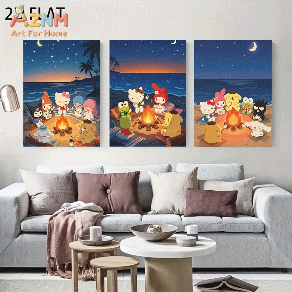 AZNM Sanrio Hello Kitty Friends Beach Campfire Canvas Wall Art Unframed Cute Cartoon Night Seaside Painting Kids Bedroom Home De