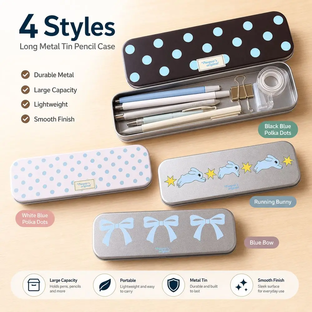 Polka Dot Pattern Metal Pencil Case Portable Long Rectangular Shape Tin Pencil Box Vintage Style Cartoon Pattern