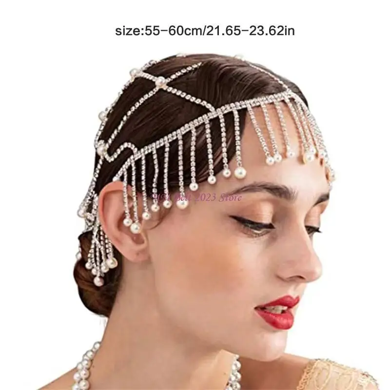49ME Perla cristallo per catene per testa Copricapo Festival Costume Holloween Accessori per capelli con nappe da sposa e