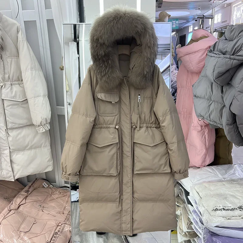 Chaqueta acolchada larga impermeable para mujer, abrigo grande con capucha de piel de mapache Real, Parkas de plumas de lluvia para mujer, invierno, 2023