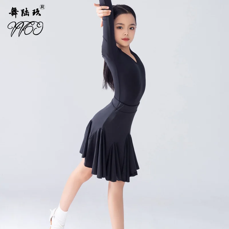

High end children's Latin dance dress women's performance costumes practice clothes grading dress long sleeved black split skirt