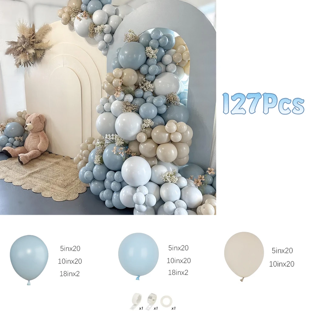 127Pcs 더스티 블루 화이트 모래 풍선 아치 갈 랜드 키트 생일 곰 테마 베이비 샤워 성별 공개 신부 웨딩 파티 장식