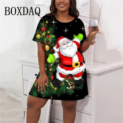 2024 Moda Donna Abiti da festa di Natale Casual Simpatico cartone animato Babbo Natale Stampa Abito Allentato Plus Size Manica corta Abito a-line 9XL