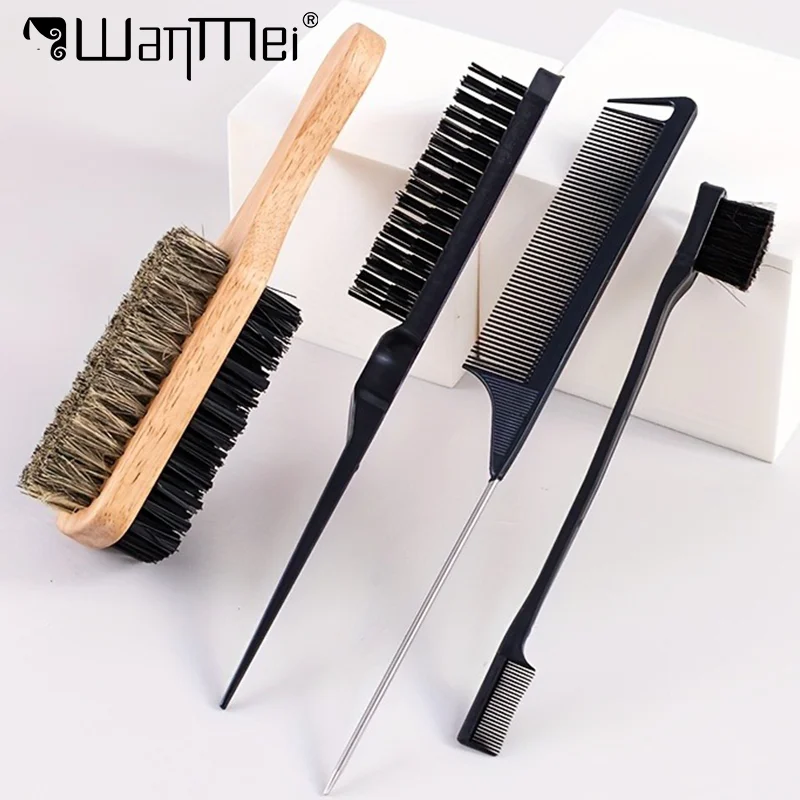 4pcs Professional Men's Beard Shaving Tools Set Wooden Edge Bristle Brush Back Slicking Rat Tail Brush Salon Stying Accessories