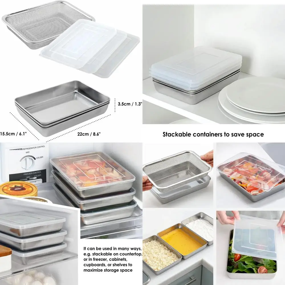 

Stackable 7-Piece Stainless Steel Food Containers with Clear Lids and Strainer for Kitchen Storage and Marinade Trays