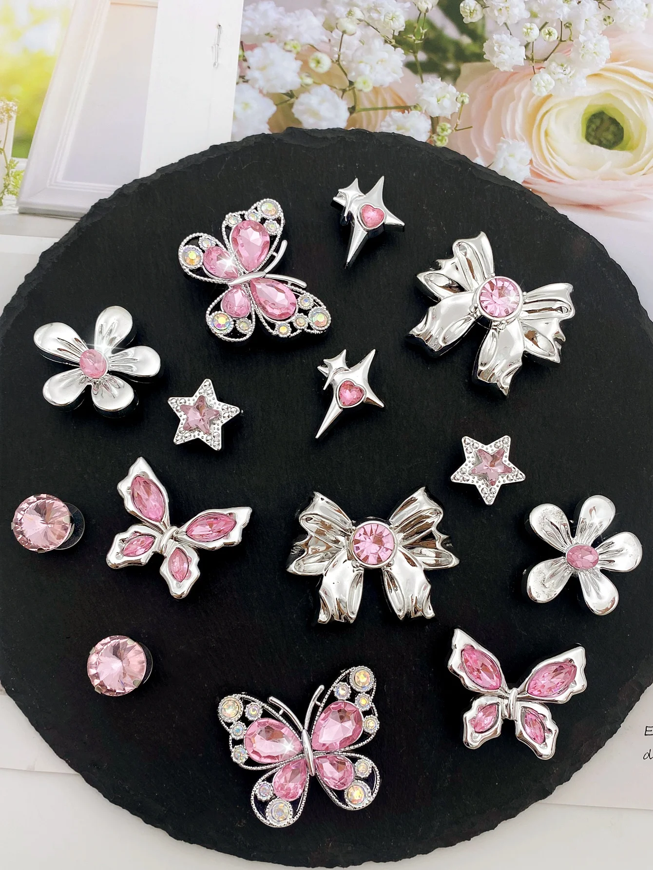 14 pieces of pink ABS diamond butterfly, flower, star, bow, five-pointed star shoe buckles, DIY decorations, multi-functional sh