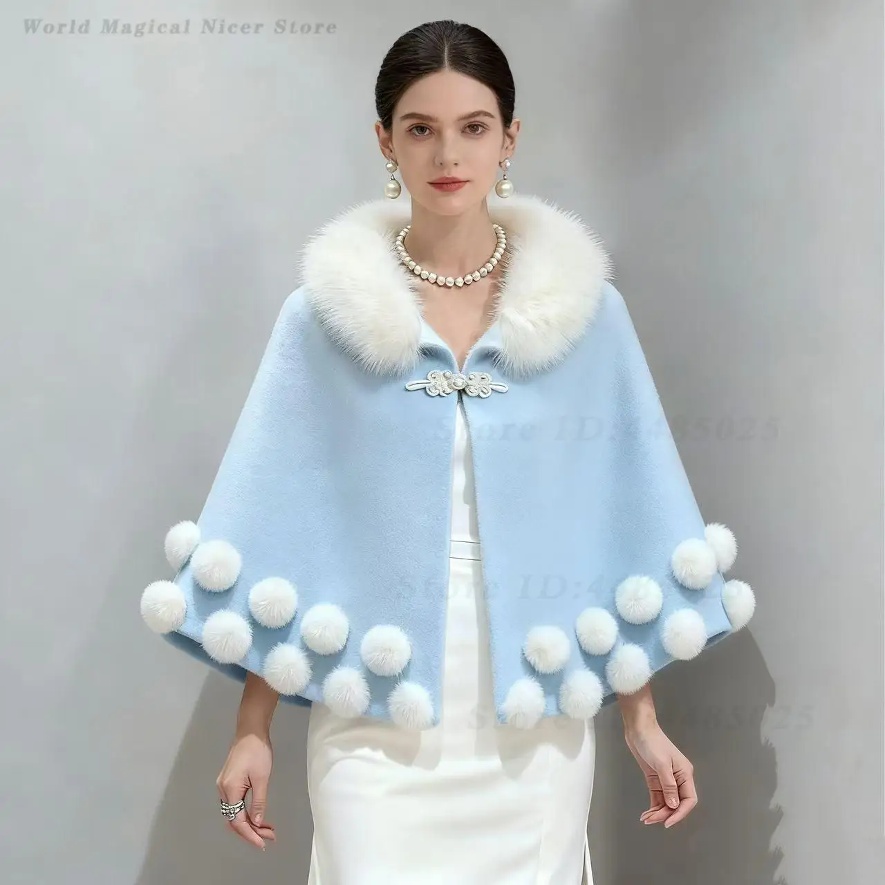 Winter New Women Elegant Knit Cape Poncho Faux Mink Fur Collar Pom Pom Decor Loose Oversized Plus Size Warm Shawl Outer Cloak