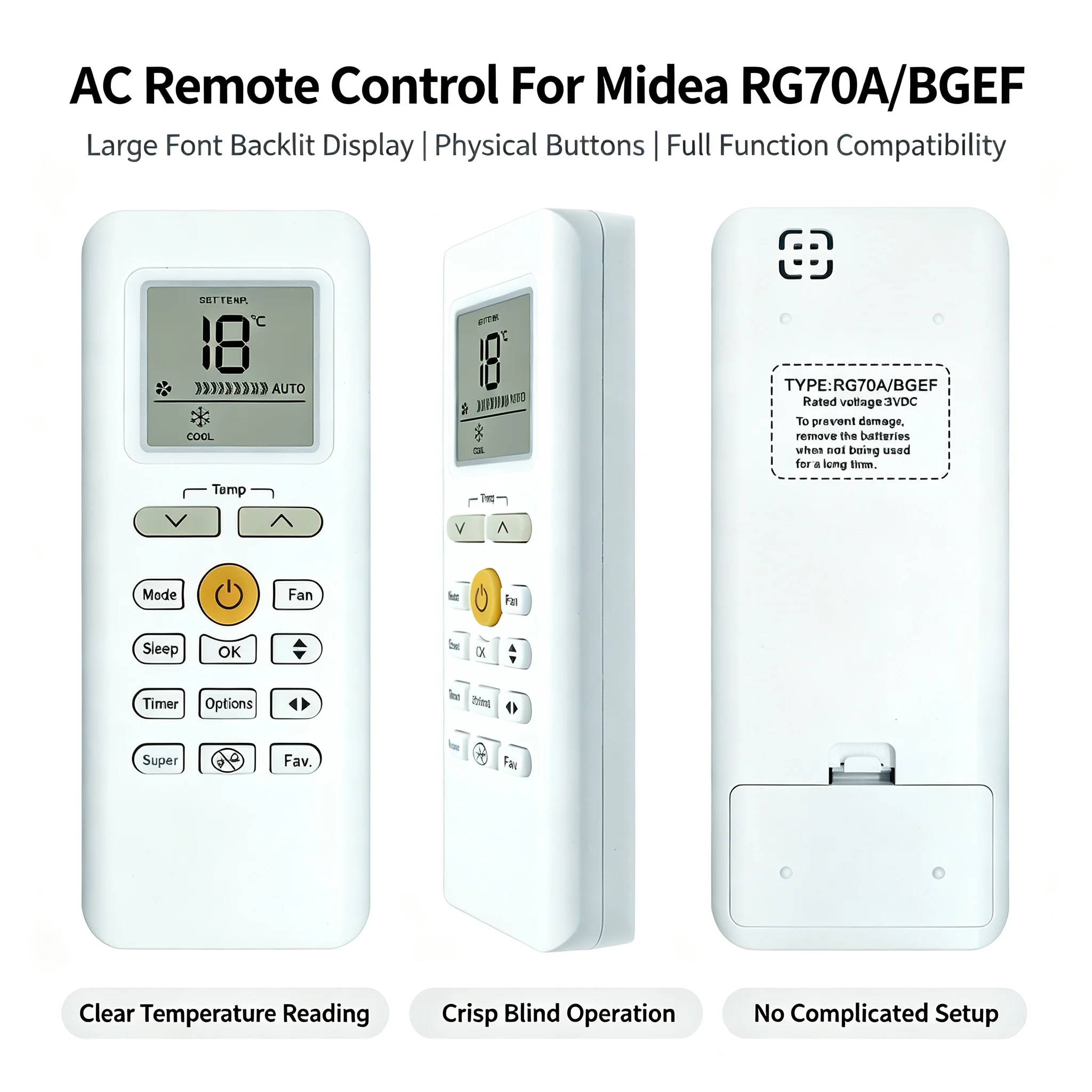 FAZV RG70A/BGEF AC Remote for Midea Kaysun Comfee Mabe Springer RG70E/BGEF RG70E1/BGEF RG70E2/BGEF RG70E3/BGEF RG70C/BGEF