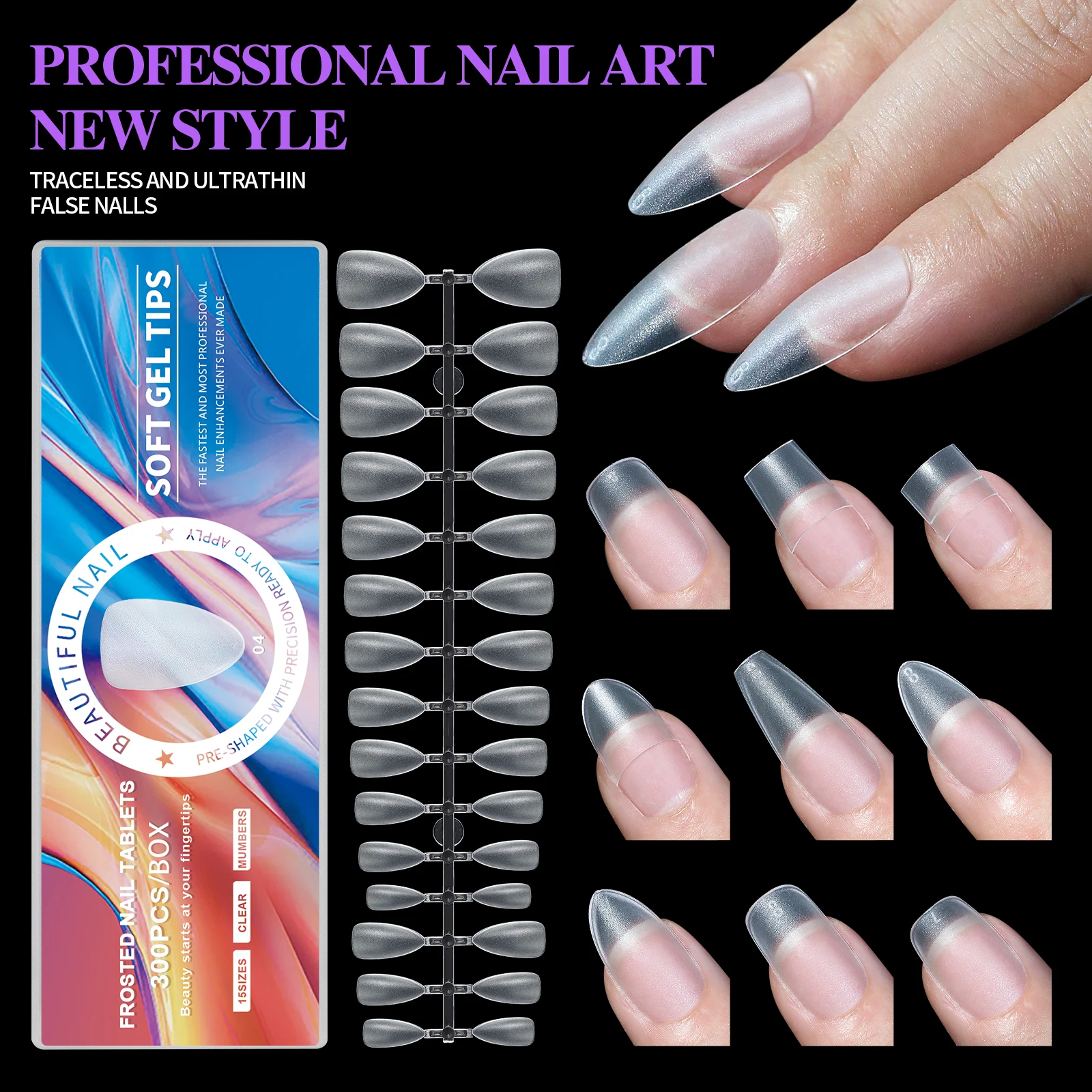 300pcs/Boxed Ultrathin Frosting False Press On Acrylic Nails 15 Sizes Coffin Almond Fake Nail Extension Manicure Art Tools