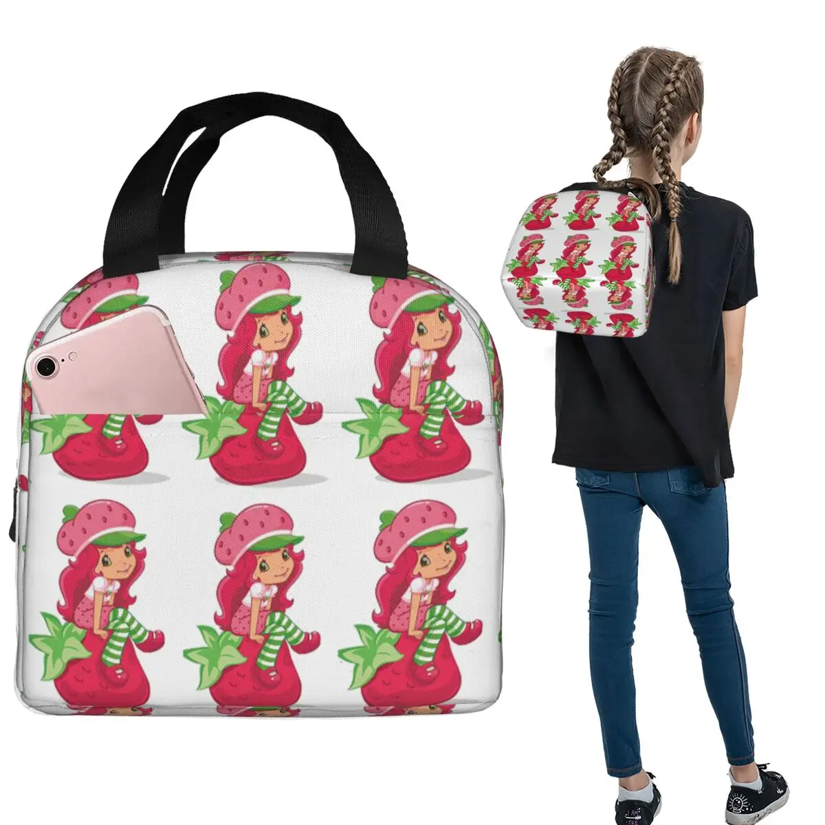 

Термосумка для обедов с изображением персонажа мультфильма «Клубничный пирог» для женщин и детей, портативный контейнер для еды, термосумка-тоут