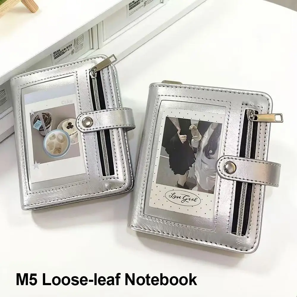 Portable PU Leather Binder Notebook 5-Ring Loose-Leaf with Photo Window Pocket Journal Detachable M5 Notebook School Office