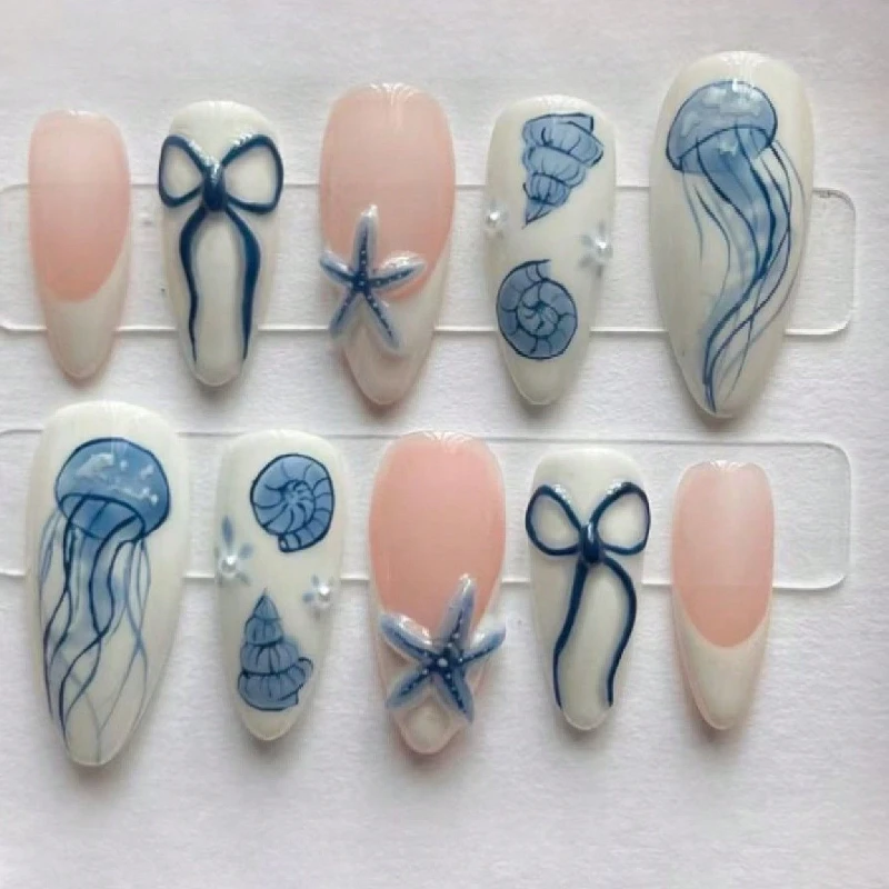 

10Pcs Simple Blue Bowknots Press On Nails Glossy White Edge French Style Jellyfish Starfish Pattern Summer False Nails Almond