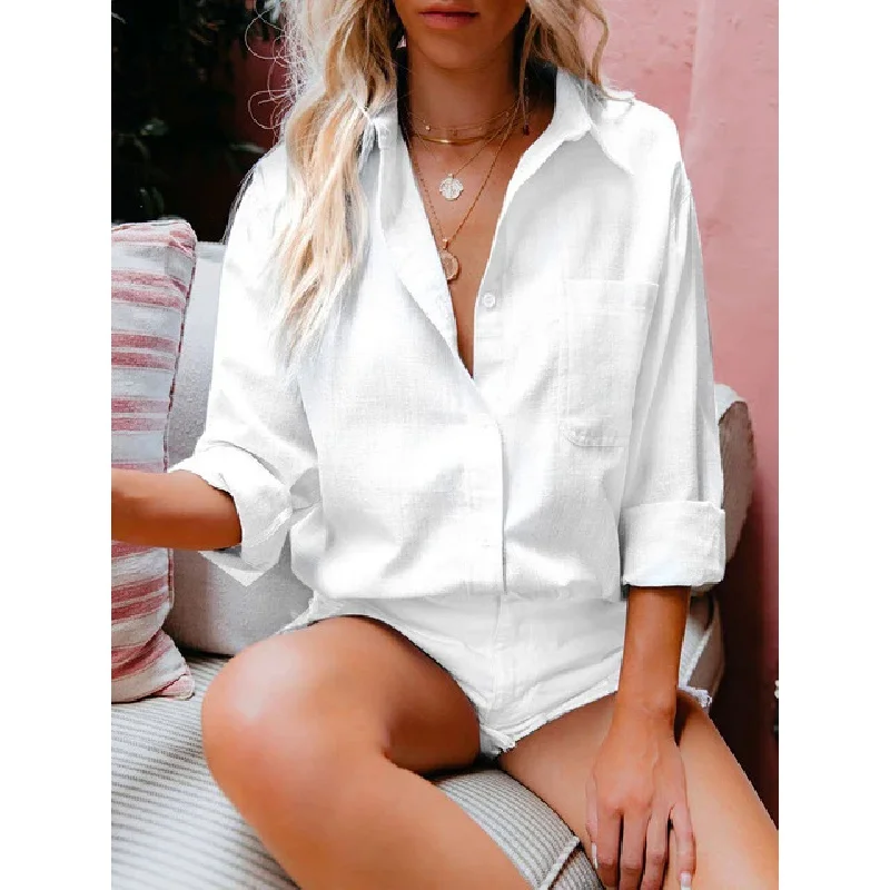 Women Casual Long Sleeve Cotton Linen Lapel Shirts Vintage Harajuku Loose Blouse Office Lady Oversized Tops Elegant Solid Tunics