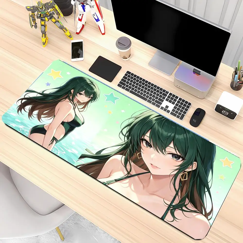 Fresh Japanese long gaming mat twin dark green hair bikini girls seaside art natural rubber anti-slip, dual-use desk & mouse pad