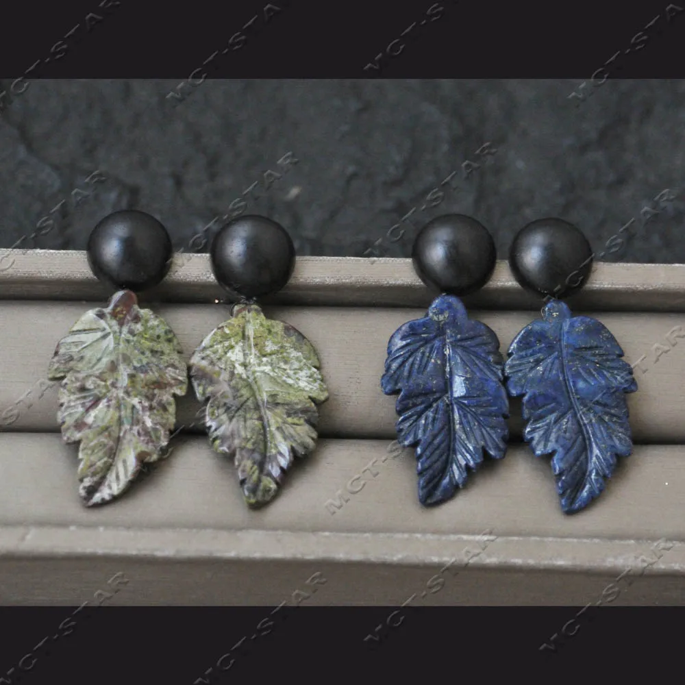 Z14732 40mm Handmade Carved Lapis Lazuli Ruby Zoisite Leaf Round Cabochon Walnut Wood Earrings for Women
