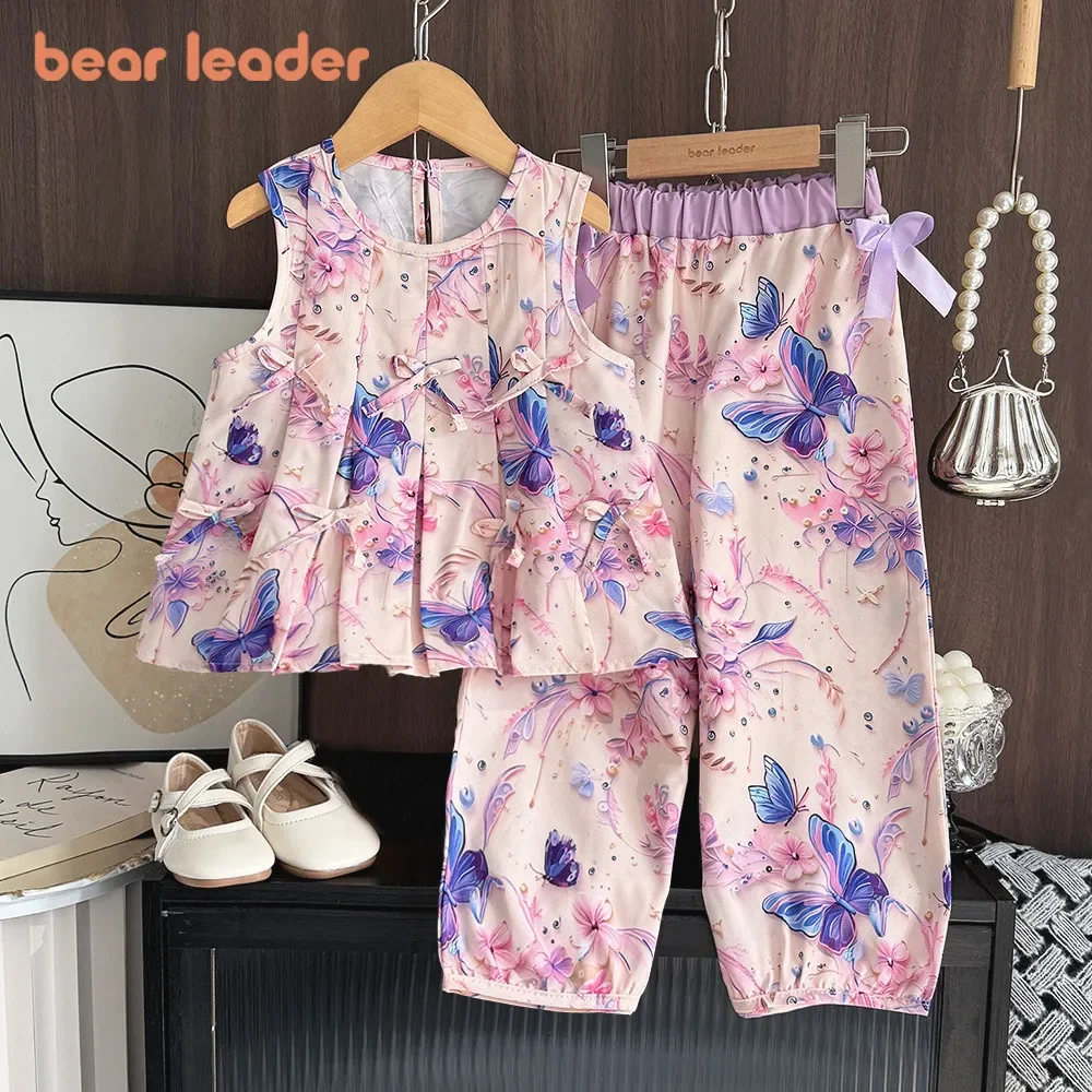 Bär Führer 2025 Sommer Koreanische Version Blume Schmetterling Druck Mädchen Anzug Ärmellose Tops + Hosen 2 Stücke Set kinder Boutique Kleidung