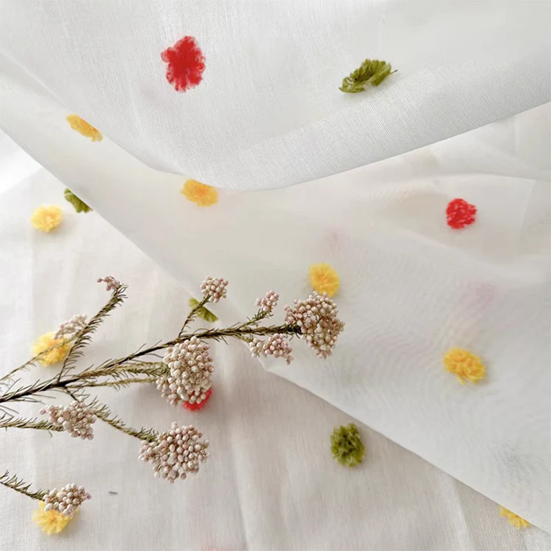 Boho Chic Pom-Pom Sheer Curtains Colorful 3D Floral Tufted Design Rod Pocket Window Drapes for Kids Bedroom Living Room Decor