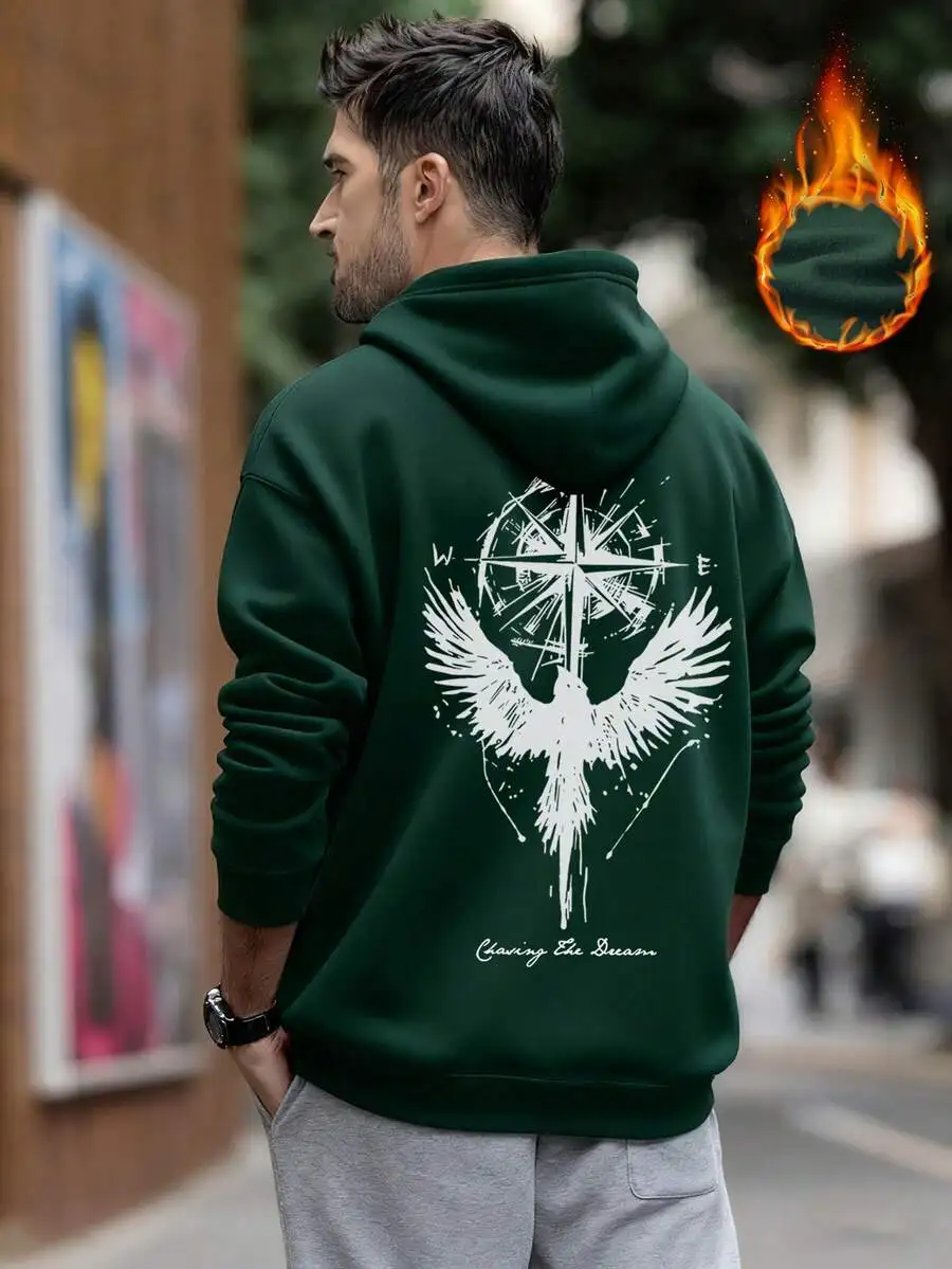 Zrgoth Men's Compass&Raven Element Loose Kangaroo Pocket Hoodie, Leading the Fashion Trend, Autumn/Winter Edition