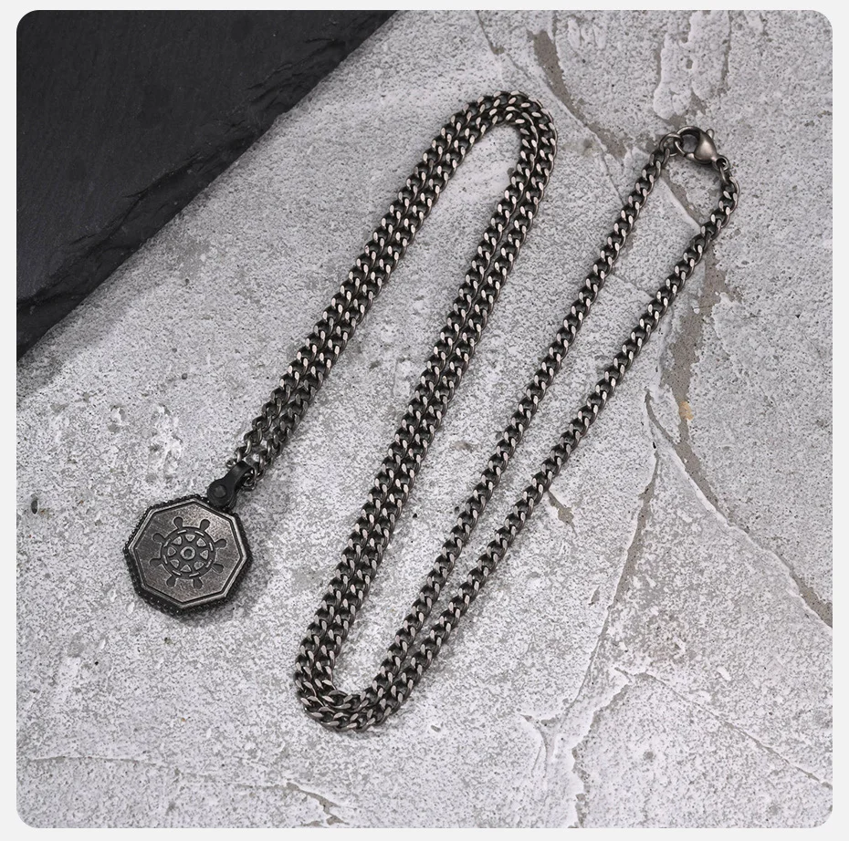 Vnox Retro Achteckiges Schiffsruder Anhänger Halskette für Männer, Edelstahl 60cm Gliederkette Vintage Geometrischer Amulett Schmuck Geschenk – Detail 6