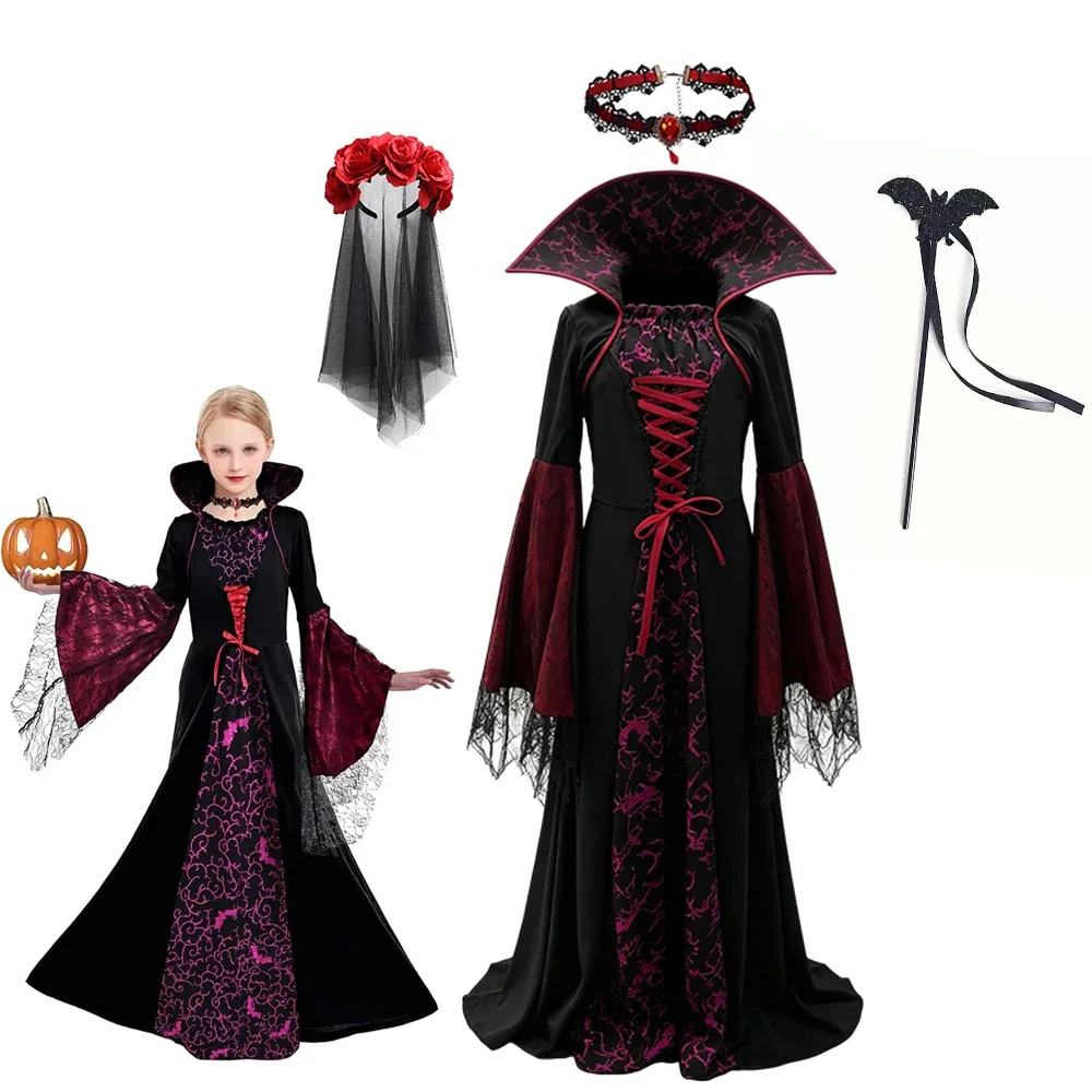 Mädchen Vampirbraut Cosplay Langes Kleid Kinder Gothic Rollenspiel-Outfit mit Blumenkopfschmuck Halloween Kostüm für Karneval – Detail 11
