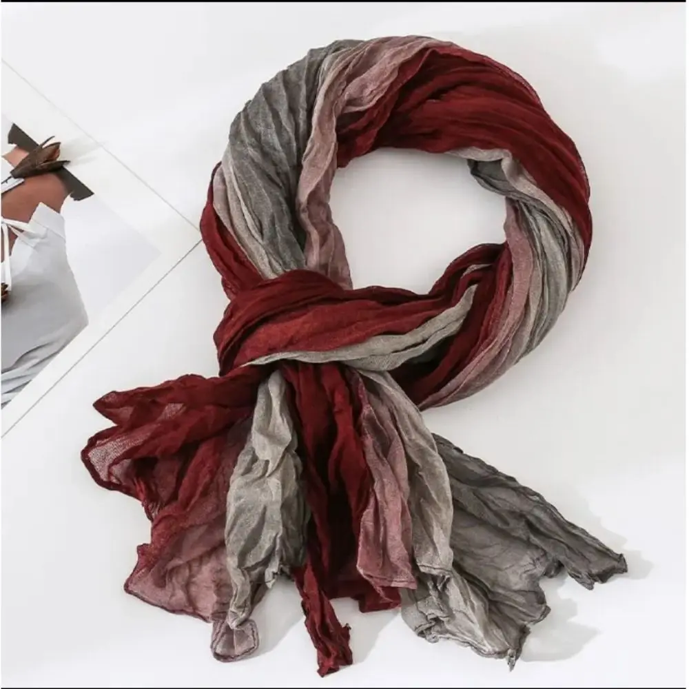 

Gradient Cotton Linen Scarf Vintage Neck Protection Artistic Pleated Scarf Luxury Brand Designer Long Shawl Wrap