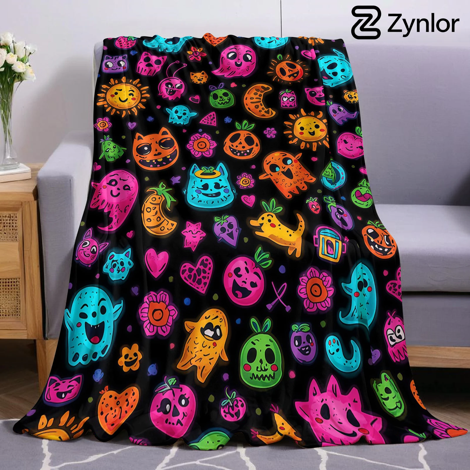 Christmas Throw Blanket - Neon Doodle Lightweight Microfiber Soft Christmas