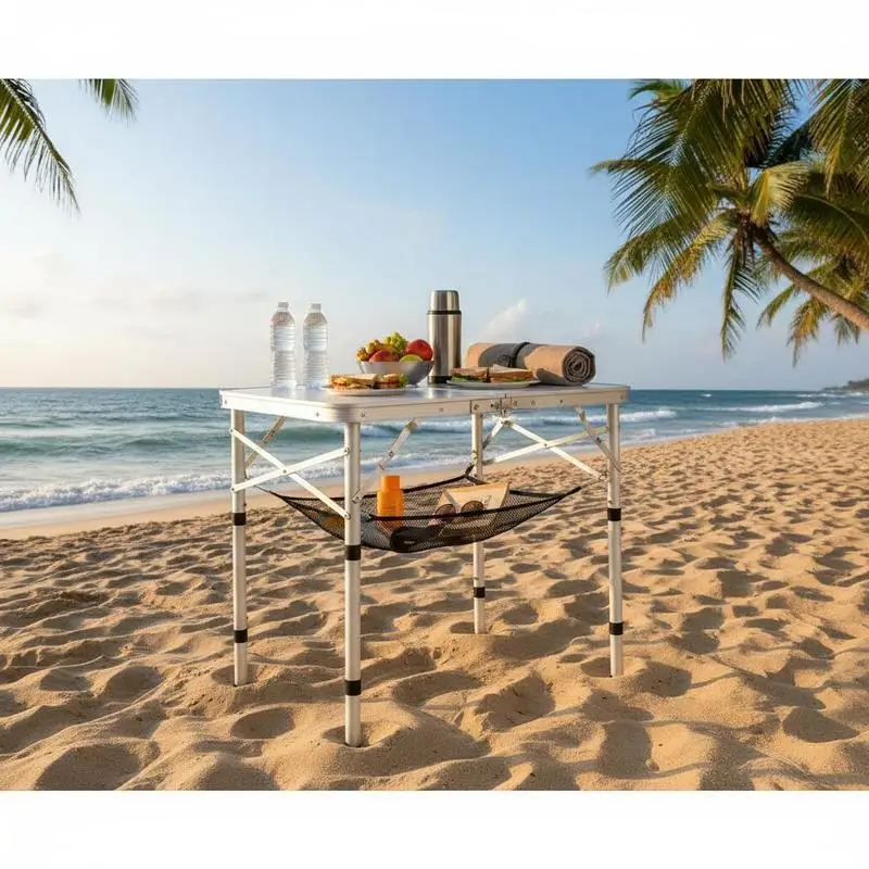 

Portable Folding Desk 24x16in For Picnic BBQ Cooking, Adjustable Height Mesh Layer Storage Side Handle Aluminum Frame Compact Silver