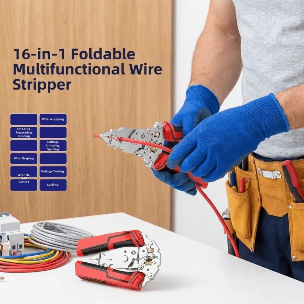 Foldable Wire Stripping Pliers Rechargeable 16 in 1 Electrician Pliers Cable Cutting with Voltage Tester Cable Stripping Pliers