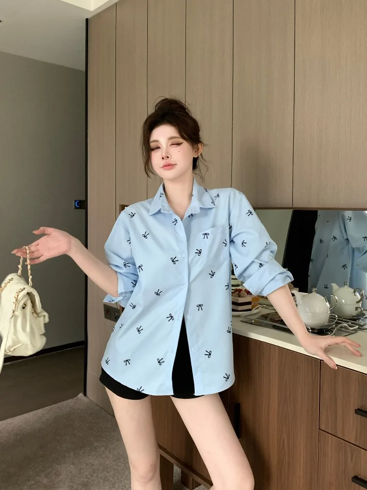 

Autumnal Long Sleeve Neck Shirt Women's Loose Fit Mid-Length Knot Print Cardigan American Street Style Elegant