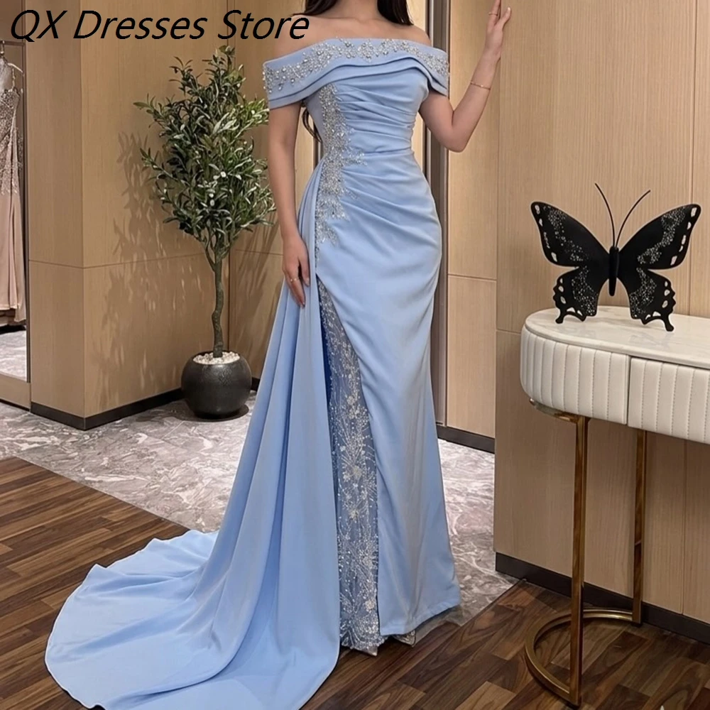 Women's A-line Evening Dresses Floor-length Off The Shoulder Sleeveless Prom Dresses Fashion Crystal Pleat Customized Gowns