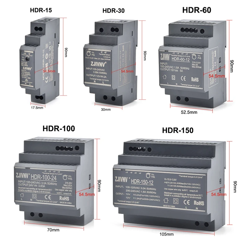 Mini Size Din Rail Mounted Switching Power Supply AC to DC SMPS HRD-15/30/60/100W 5V 12V 24V 48V Input AC100-240V