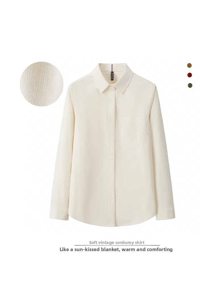 

Autumn Winter Cotton Corduroy irt Women Long Sve Square Collar Slim Fit Base Layer Overlap Workwear Top Soft Retro