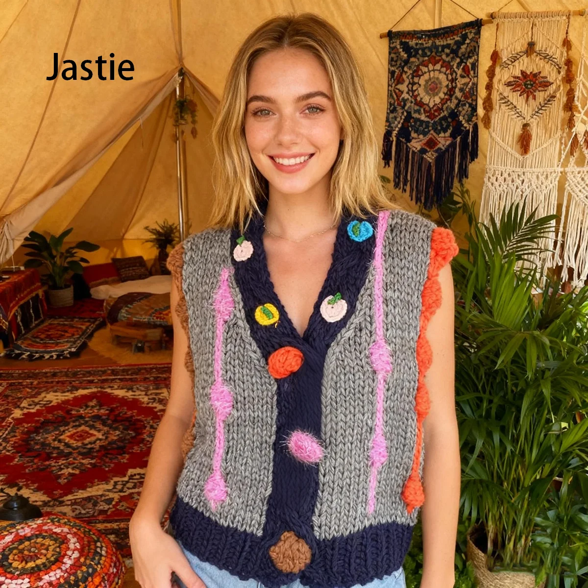 

Vintage Cable Pattern Hand-knitted Vest Cardigan Floral And Fruit-shaped V-Neck Collar And Placket Handmade Sweater Vest Tops