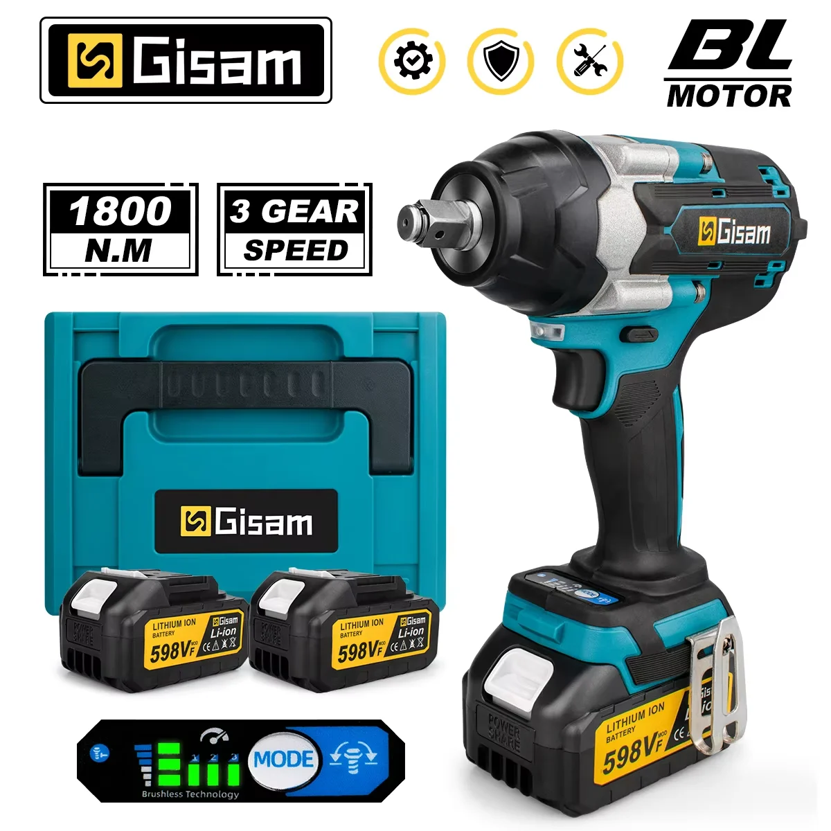 Gisam 1800N.M トルクブラシレス電動インパクトレンチ 1/2 インチドライバーコードレスレンチ電動工具マキタ 18V バッテリーピン