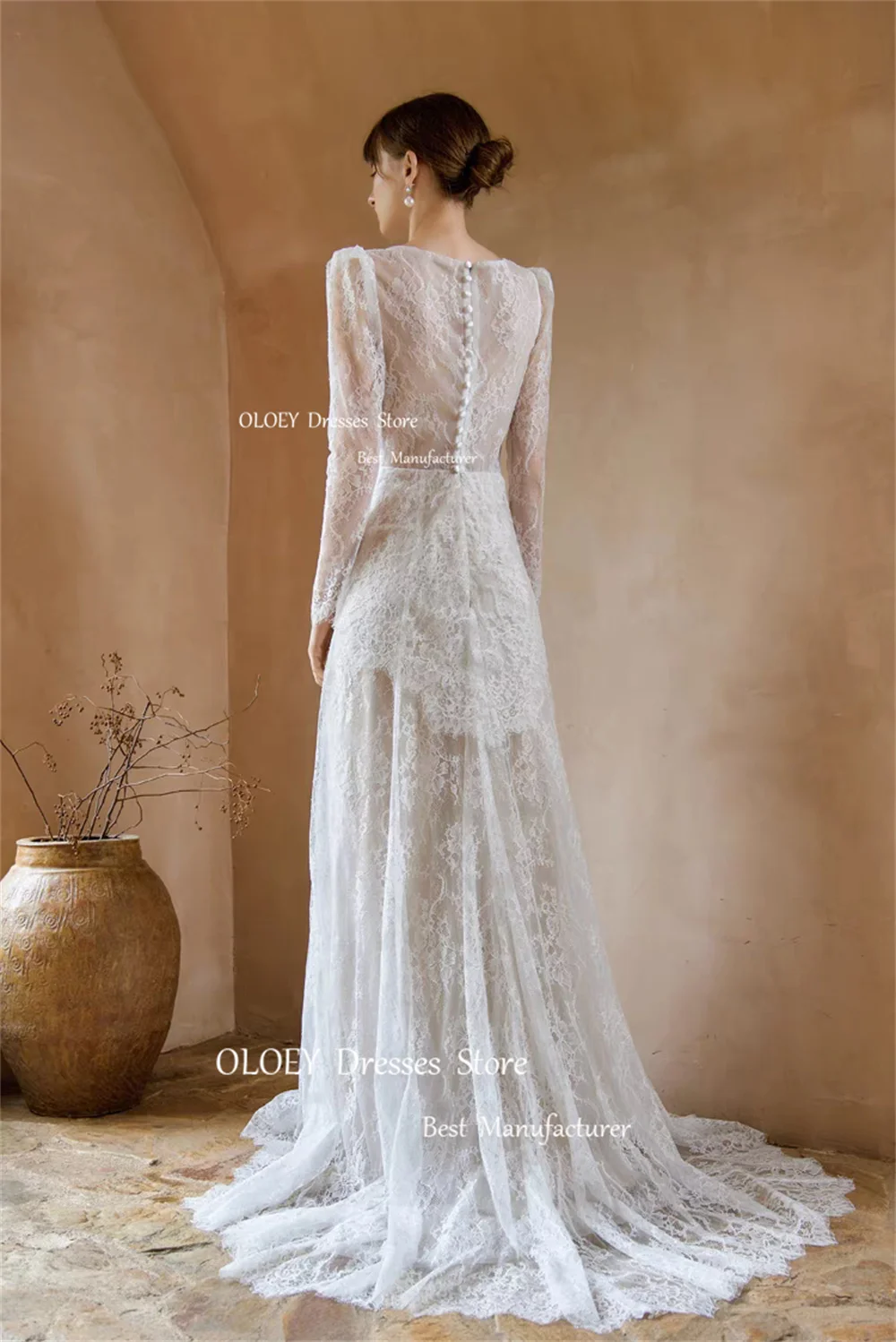 OLOEY Exquisite Lace Wedding Dresses V Neck Floor Length Bridal Gowns Robe De Marriage Zipper Back Button Custom Made